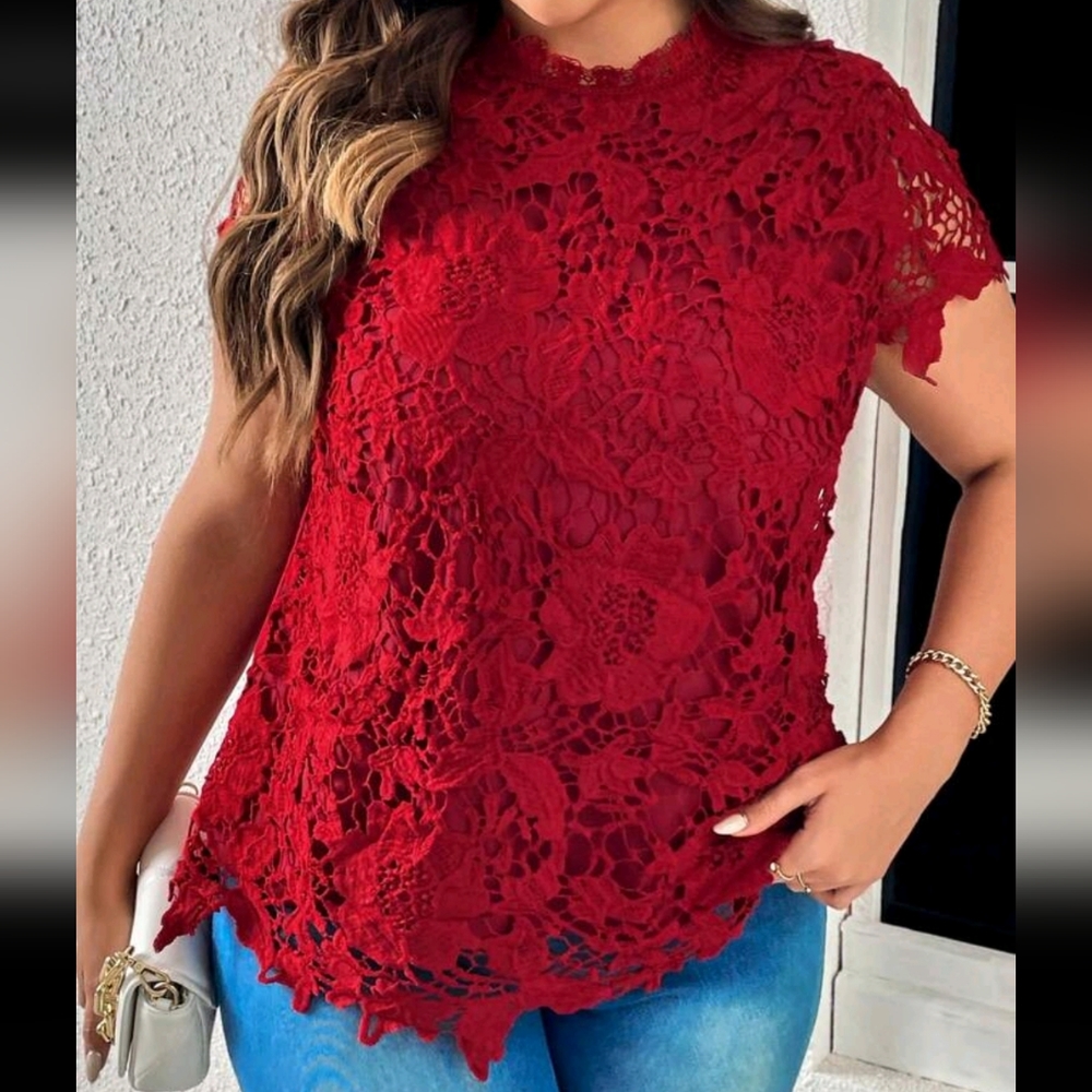 Plus Size Sheer Mesh Lace Mock Neck Top Blouse Shirt Red